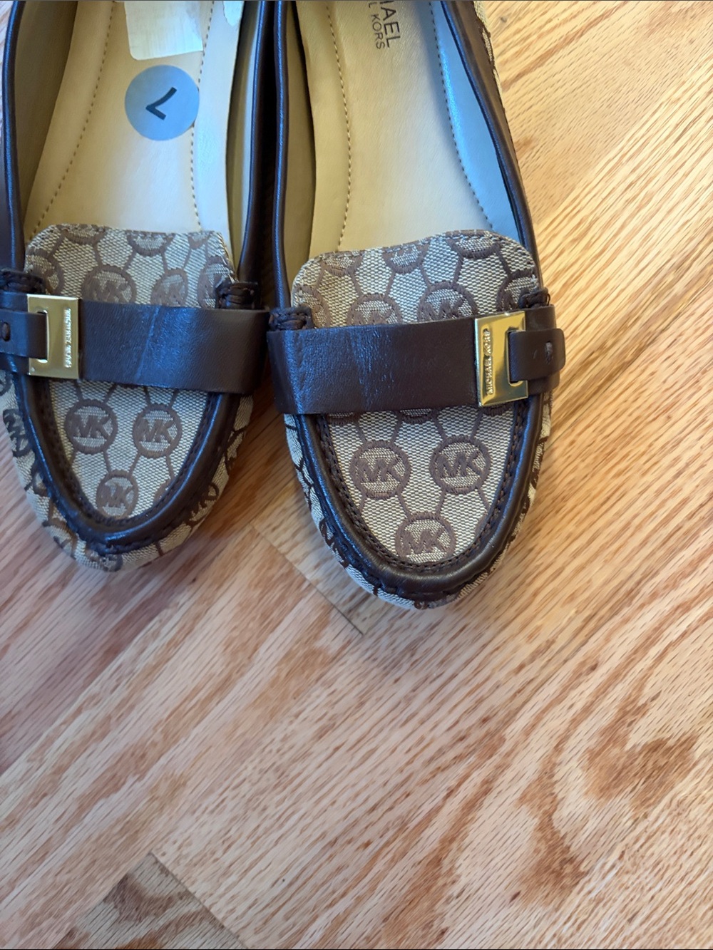 Michael Kors Brown Logo Jacquard Loafers with Gold Buckle